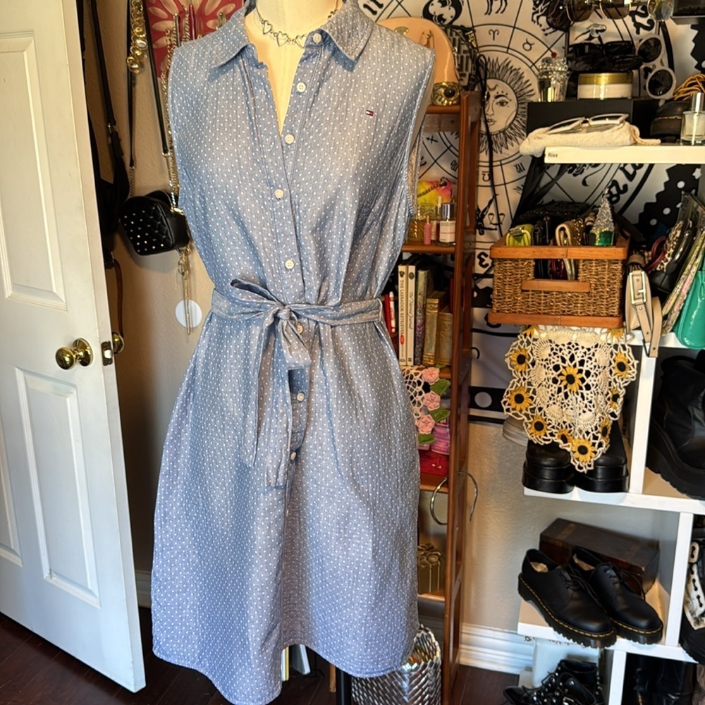 Tommy Hilfiger mini dress white polka dot/ blue collared belted half button sz10 - Picture 2 of 12